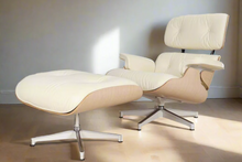 White Mid-Century Classic Lounge Chair + Stool Genuine Leather Natural Tone Plywood Removable Cushions