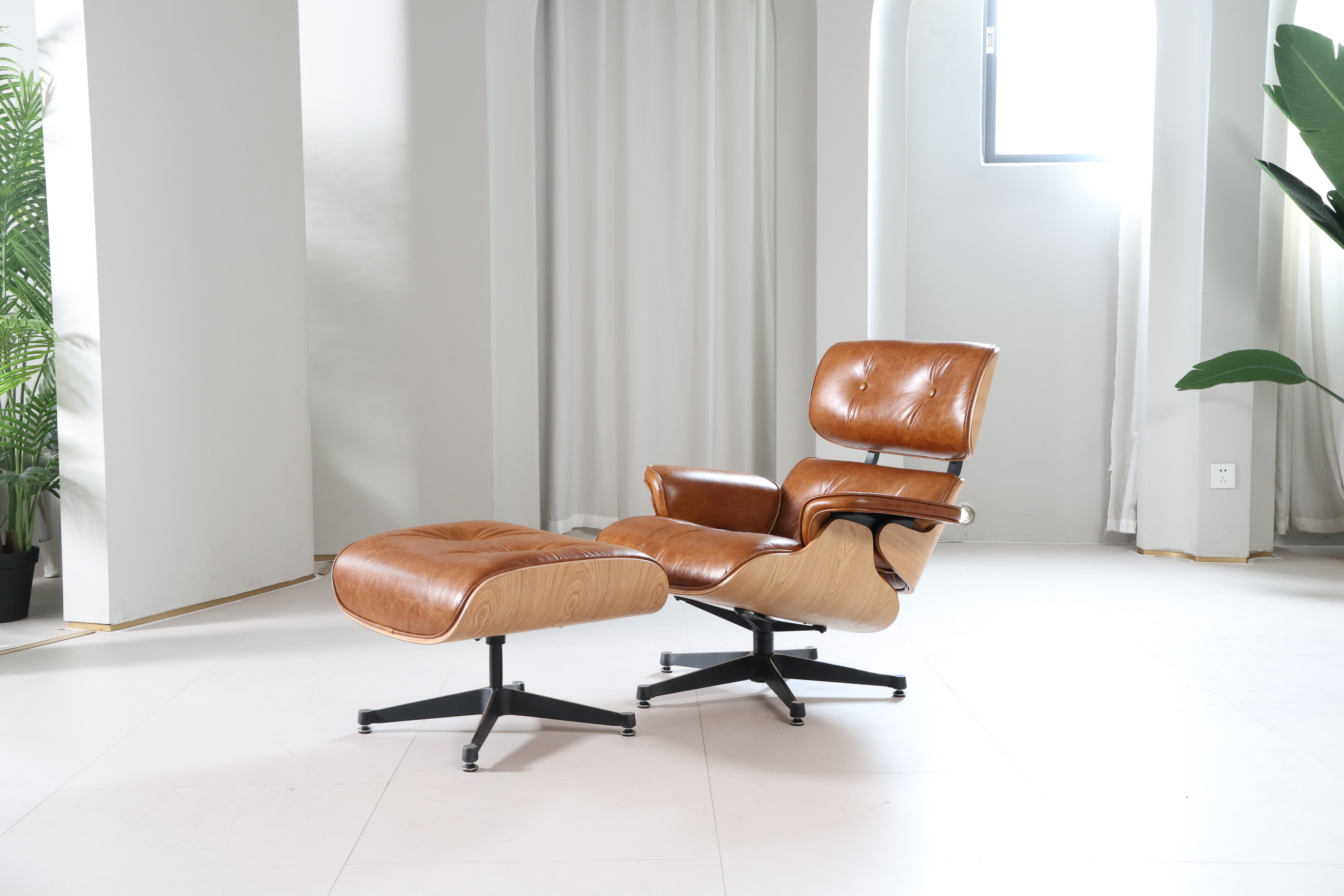 Mid-Century Classic Lounge Chair + Stool Genuine Leather Made To Order