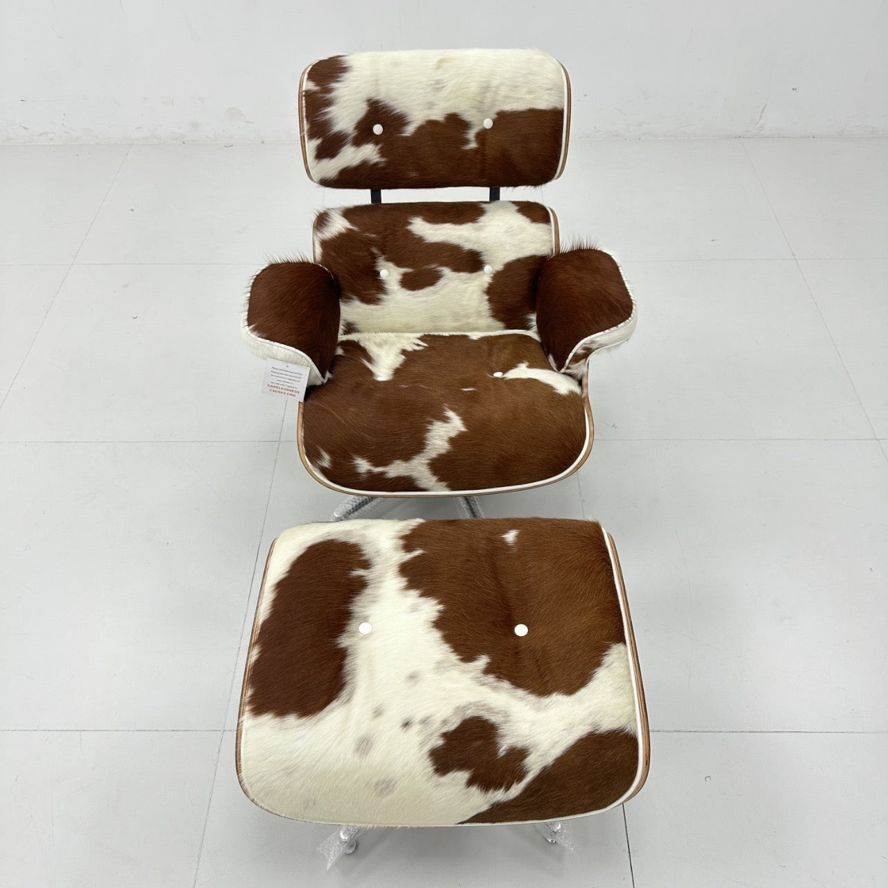 Mid-Century Lounge Chair & Stool – Brown Cowhide Leather, Plywood Made to Order