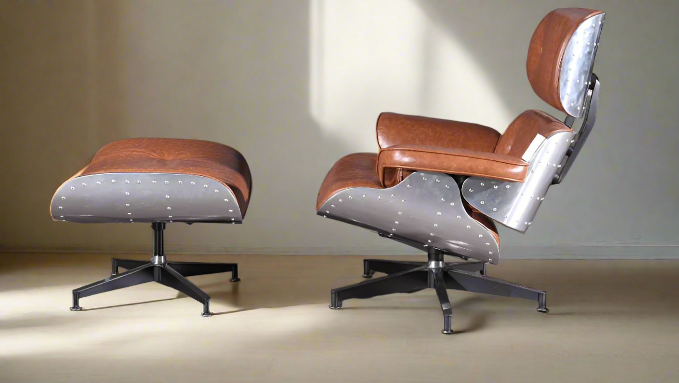 Aviator Collection W206 Mid-Century Classic Lounge Chair + Stool Genuine Leather Made To Order