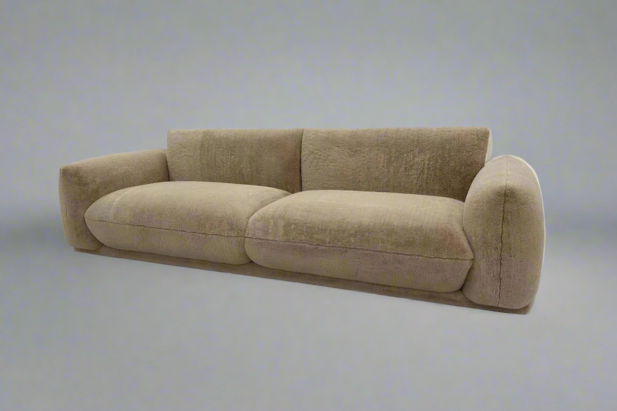 Beige 3 Seater Sofa Faux Fur Retro Design in stock