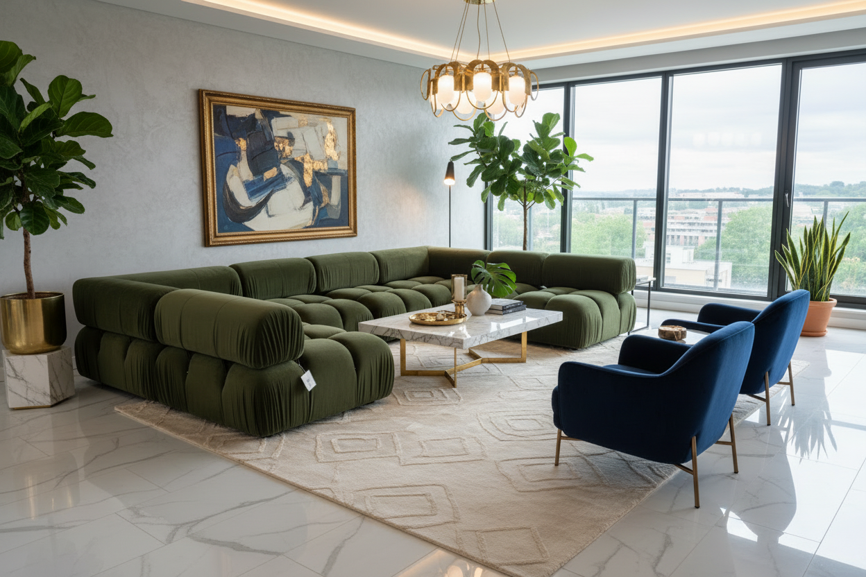 Olive Green Velvet Modular Sofa Set - Made To Order