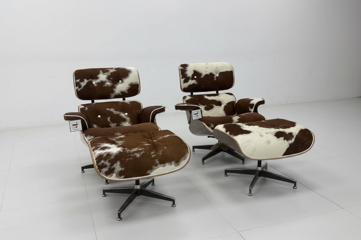 Mid-Century Lounge Chair & Stool – Brown Cowhide Leather, Plywood Made to Order