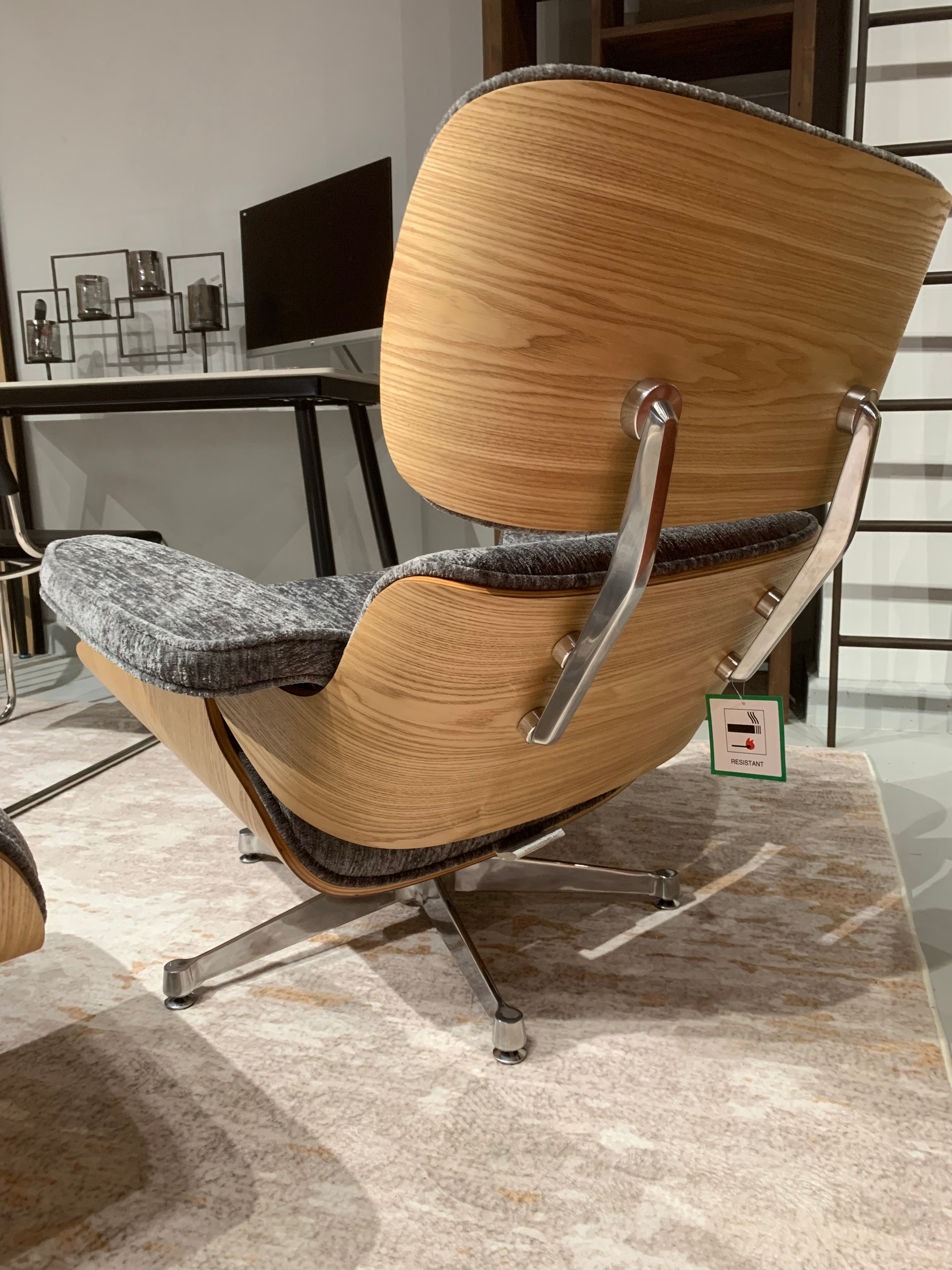 Mid-Century Eames-Style Lounge Chair & Ottoman – Grey Chenille Ash wood panels & Chrome metal base in stock