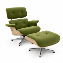 Mid-Century Eames-Style Lounge Chair & Ottoman – Olive Green Velvet Ash wood panels & Chrome metal base in stock
