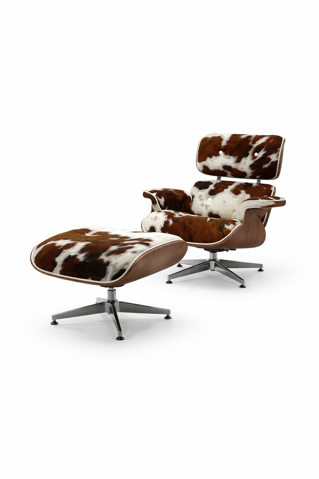 Mid-Century Lounge Chair & Stool – Brown&White Cowhide, Rosewood Finish Plywood Made to Order