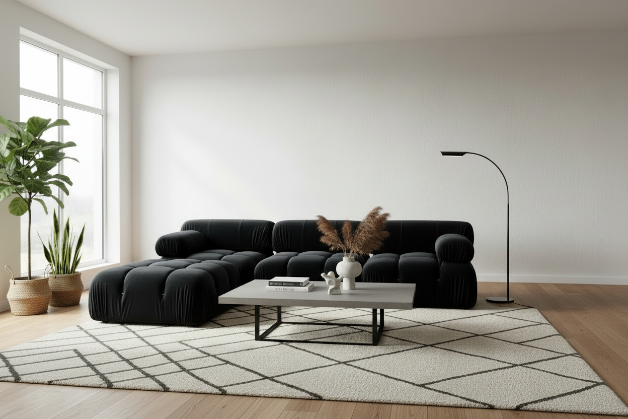 Black Velvet 3 Seater Modular Sofa + Ottoman