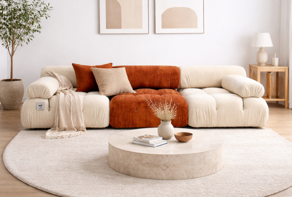 Burnt Orange Beige Chenille Modular 3 Seater in stock