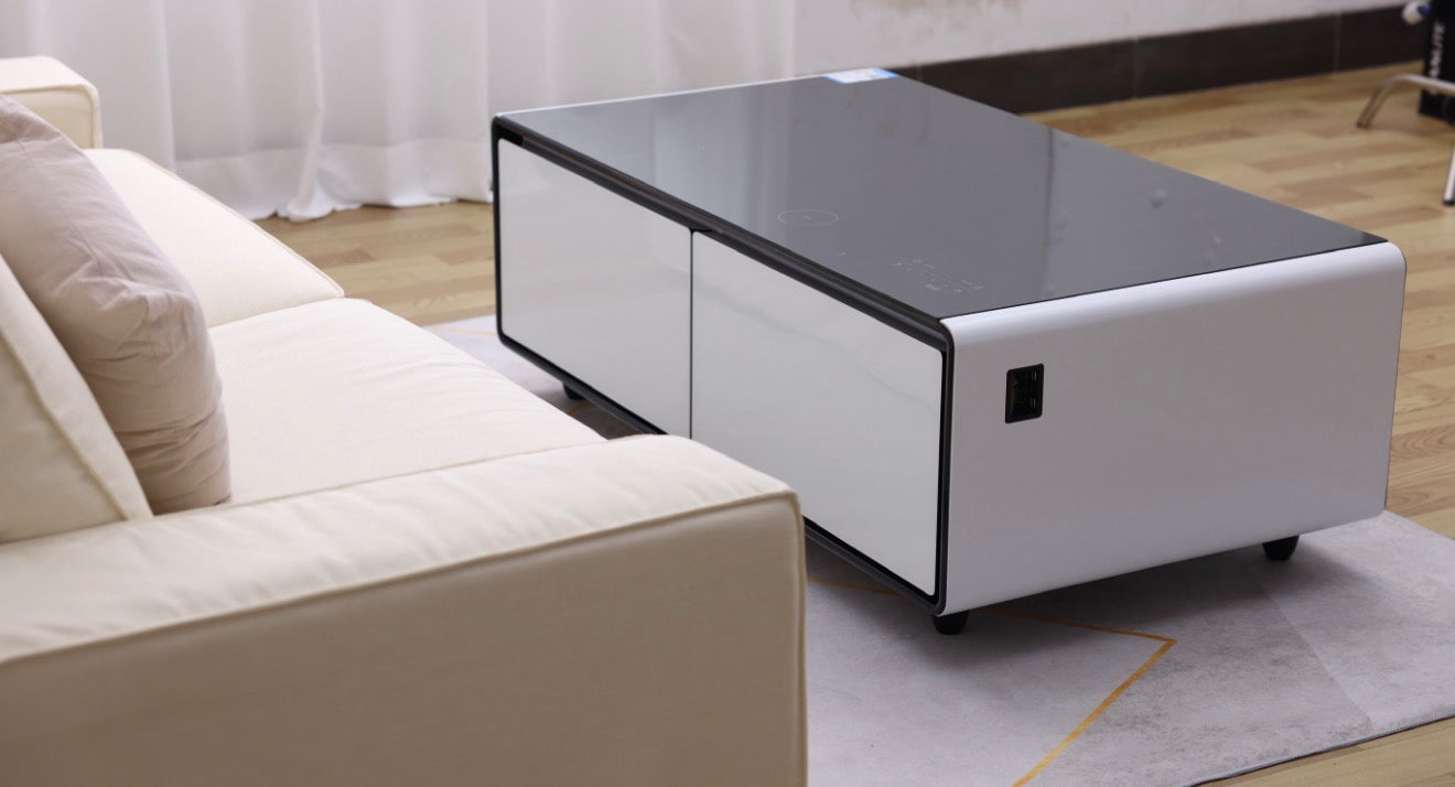SMT 135Pro Smart Built-In Refrigerator Coffee Table 130L Dual Drawer LED Wireless Charge USB Bluetooth Speakers