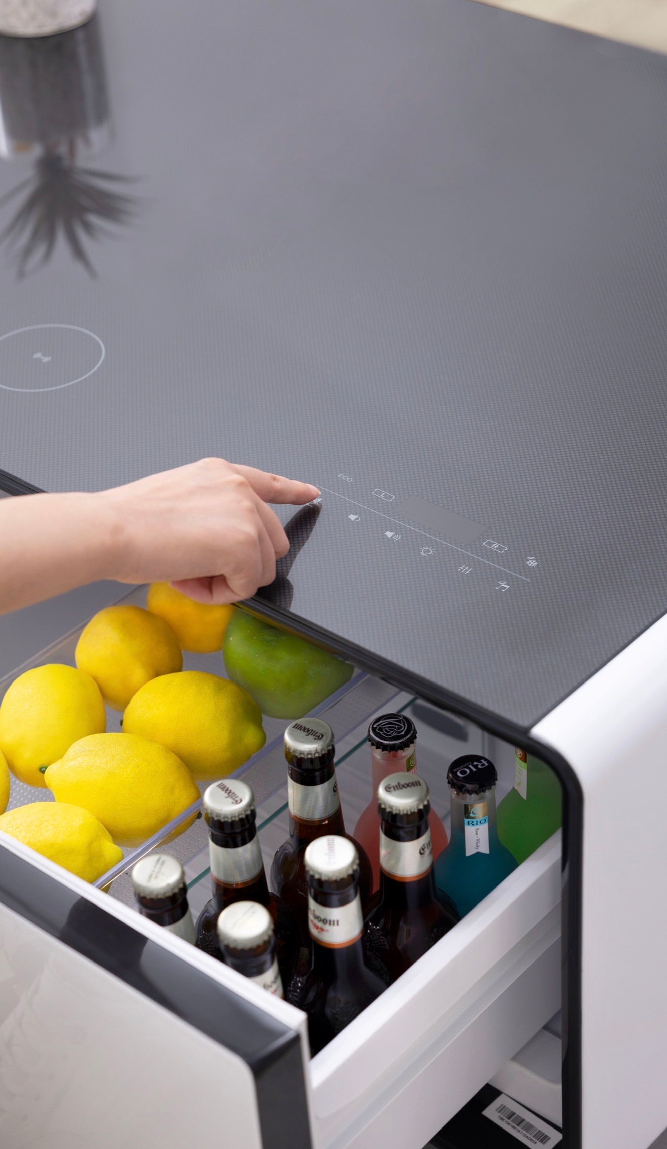 SMT 135Pro Smart Built-In Refrigerator Coffee Table 130L Dual Drawer LED Wireless Charge USB Bluetooth Speakers