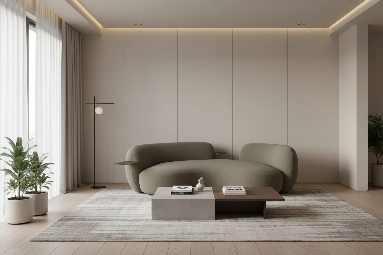 Beige Curved 3 Seater Sofa With Integrated Table Made To Order