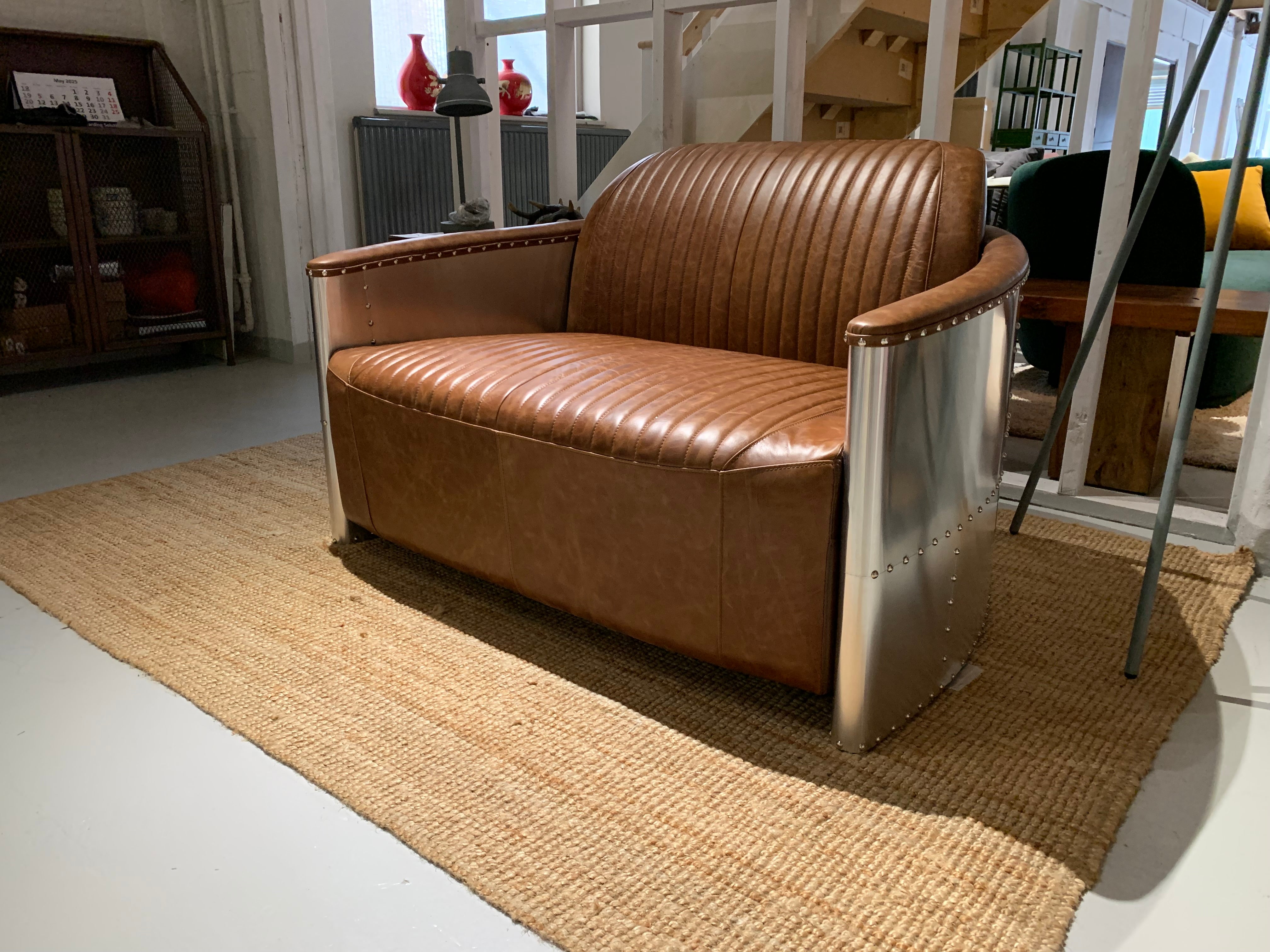 Aviator Sofa 2 Seater Tan Brown Top Grain Leather in stock