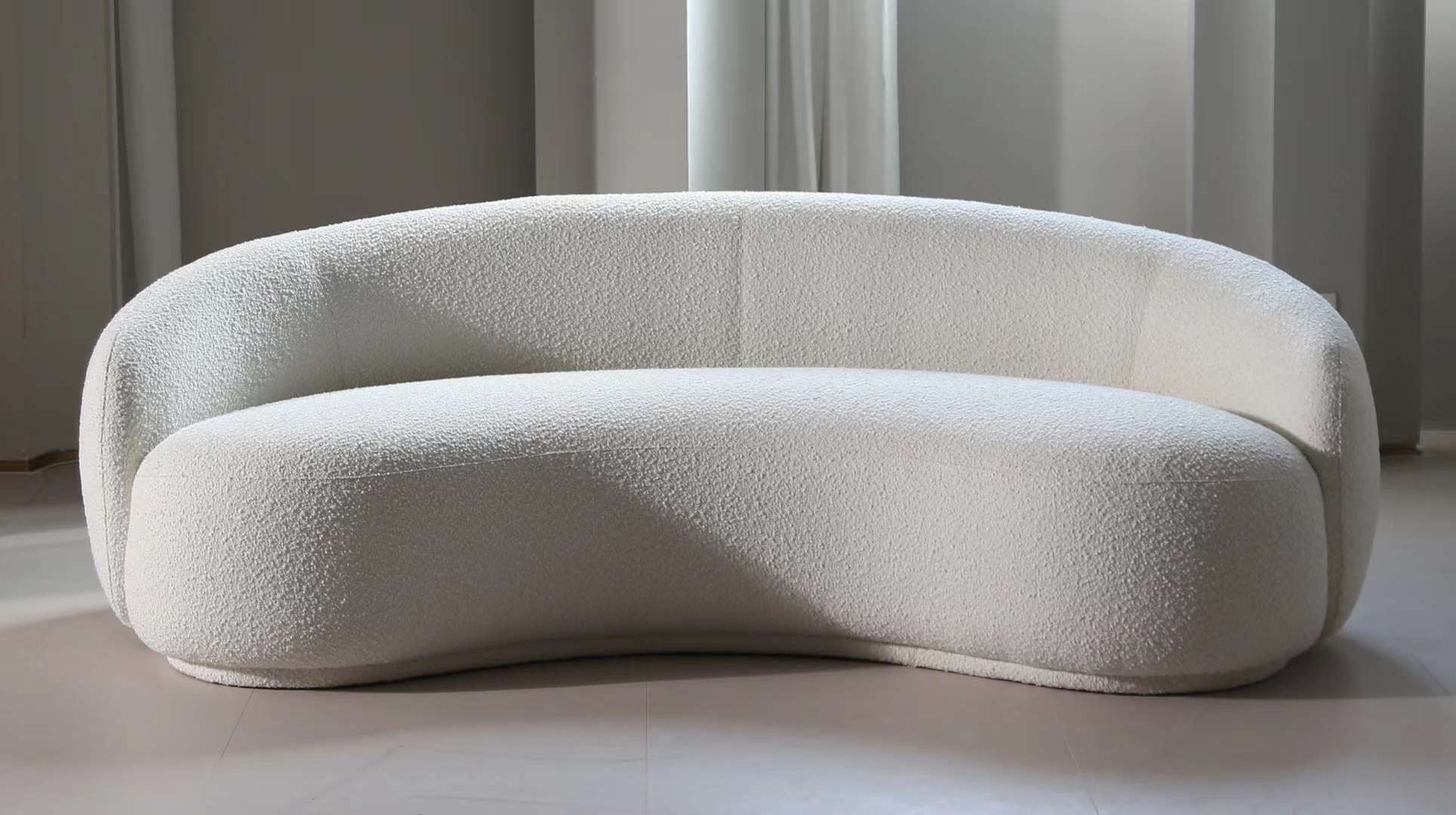 White Curved Sofa – Sculptural Upholstered Arc Couch for Contemporary Living Rooms White Boucle in stock (WT-TEDDY AP)