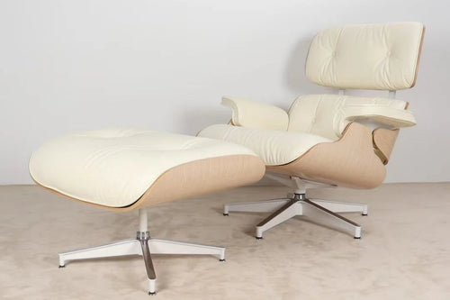 White Mid-Century Classic Lounge Chair + Stool Genuine Leather Natural Tone Plywood Removable Cushions