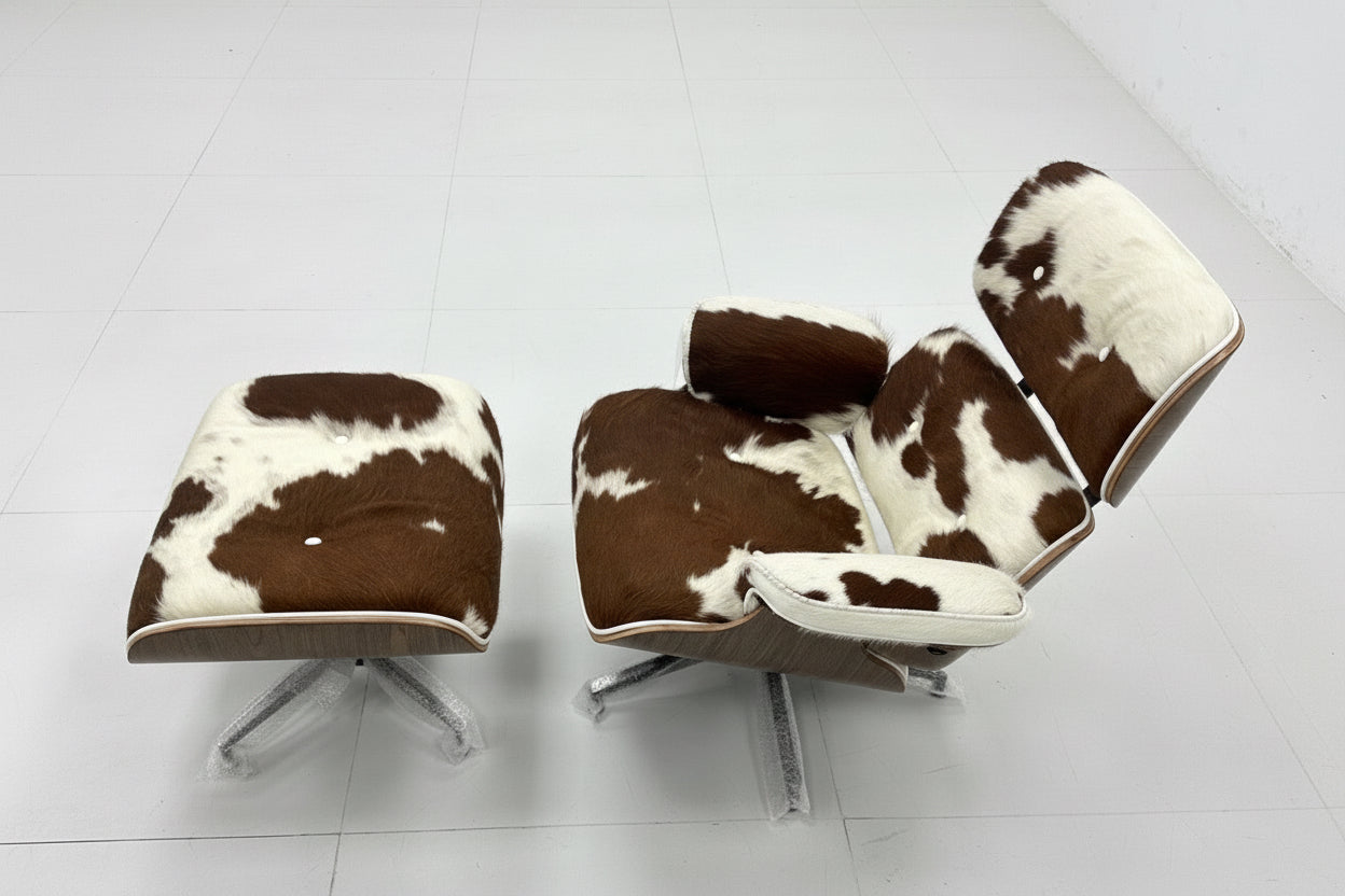 Mid-Century Lounge Chair & Stool – Brown Cowhide Leather, Plywood Made to Order