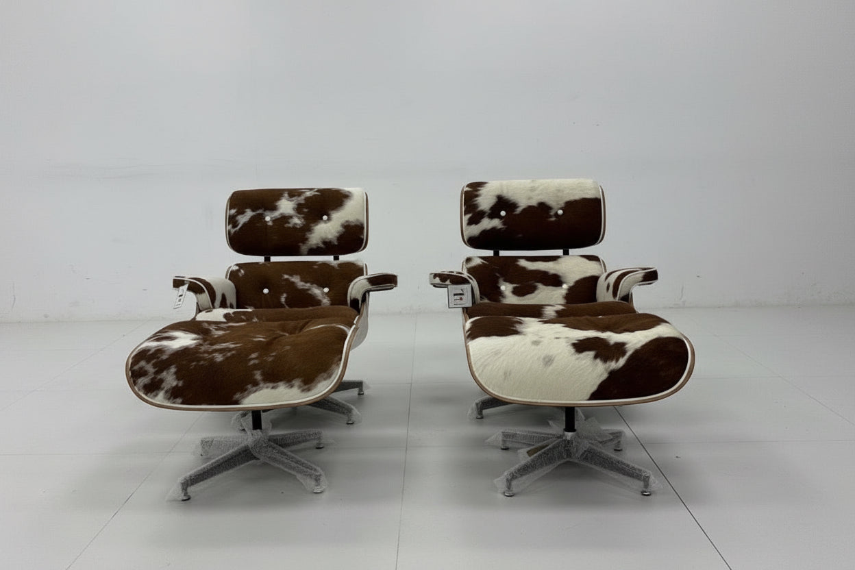 Mid-Century Lounge Chair & Stool – Brown Cowhide Leather, Plywood Made to Order