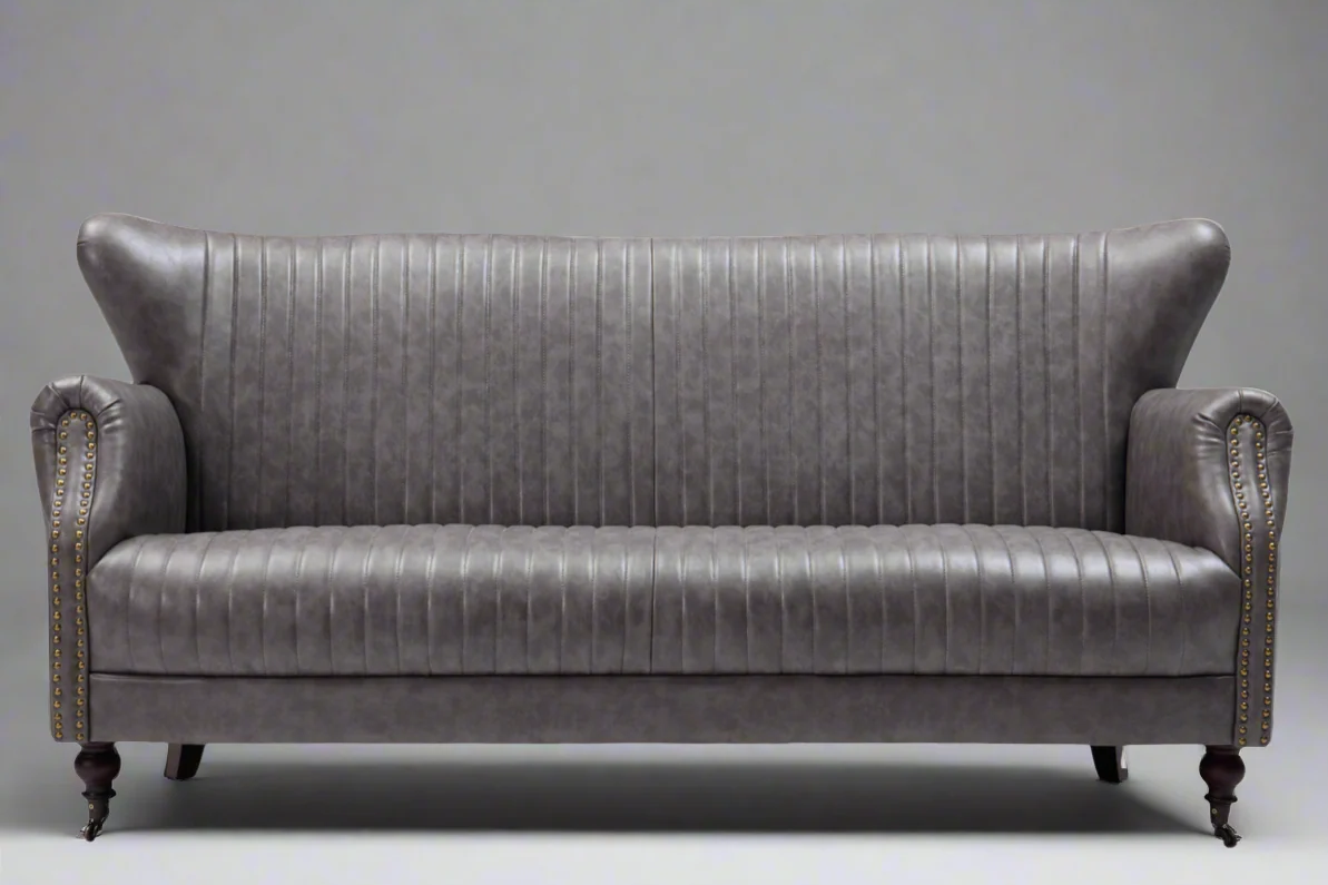 Wing Back 3 Seater Sofa Industrial Retro Grey PU Leather in stock