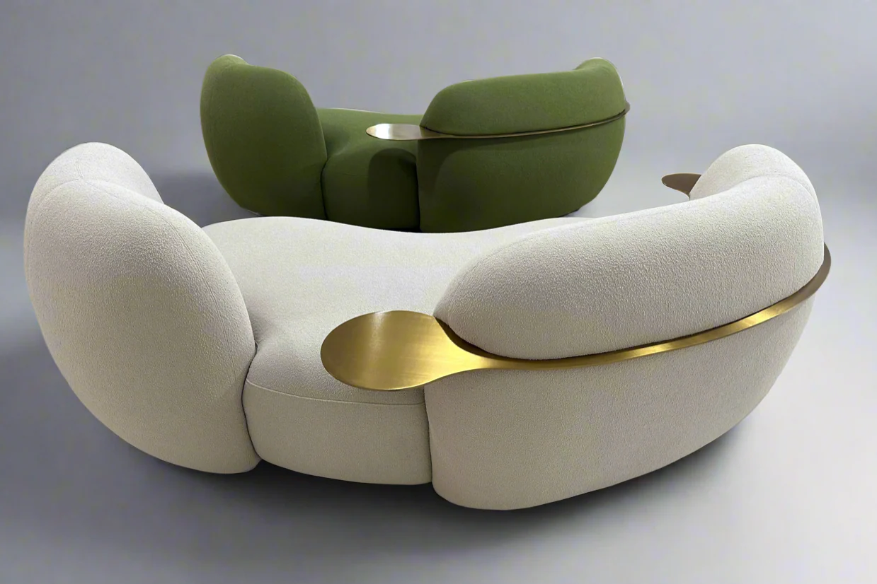 Light Beige Curved 3 Seater Sofa With Gold Integrated Table Made To Order