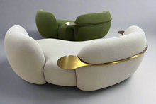 Light Beige Curved 3 Seater Sofa With Gold Integrated Table Made To Order