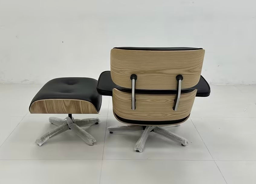 Mid-Century Classic Lounge Chair + Stool Genuine Leather Matt Black Ash Plywood in stock
