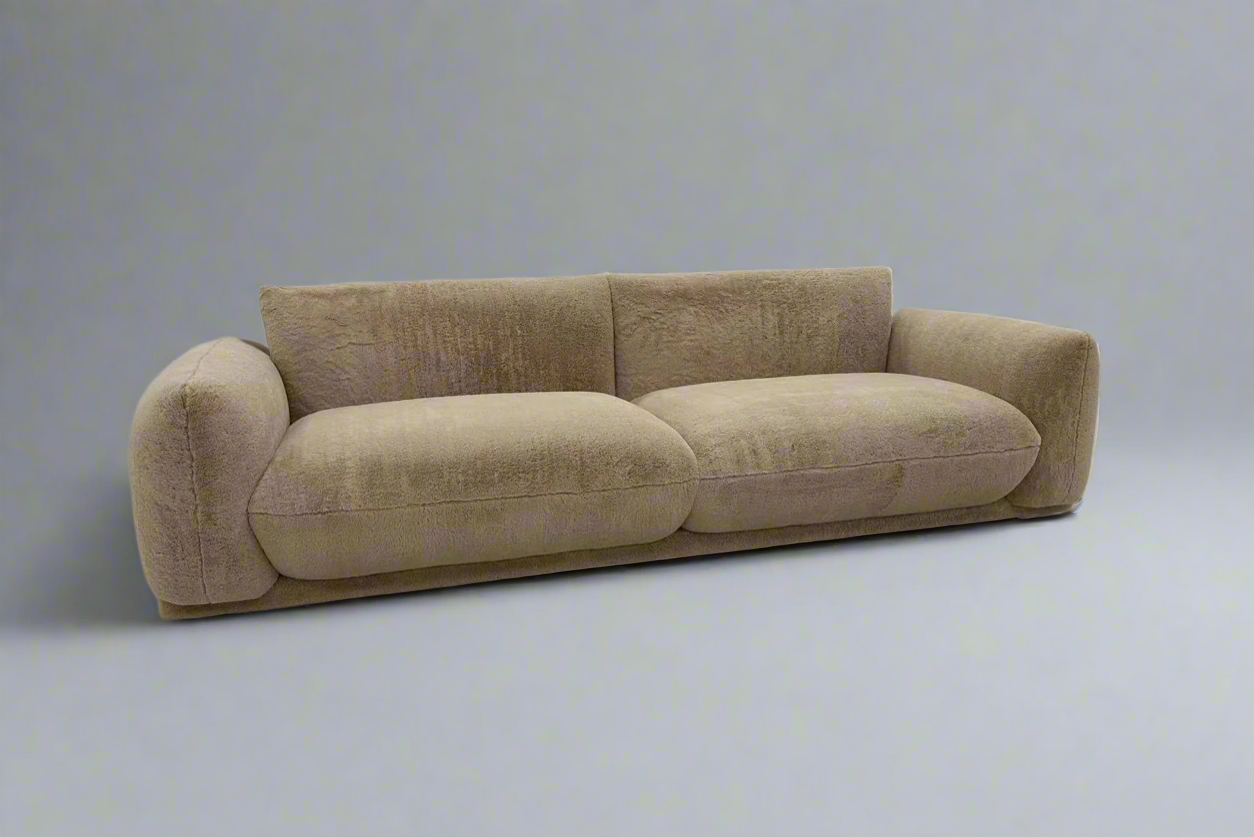 Beige 3 Seater Sofa Faux Fur Retro Design in stock