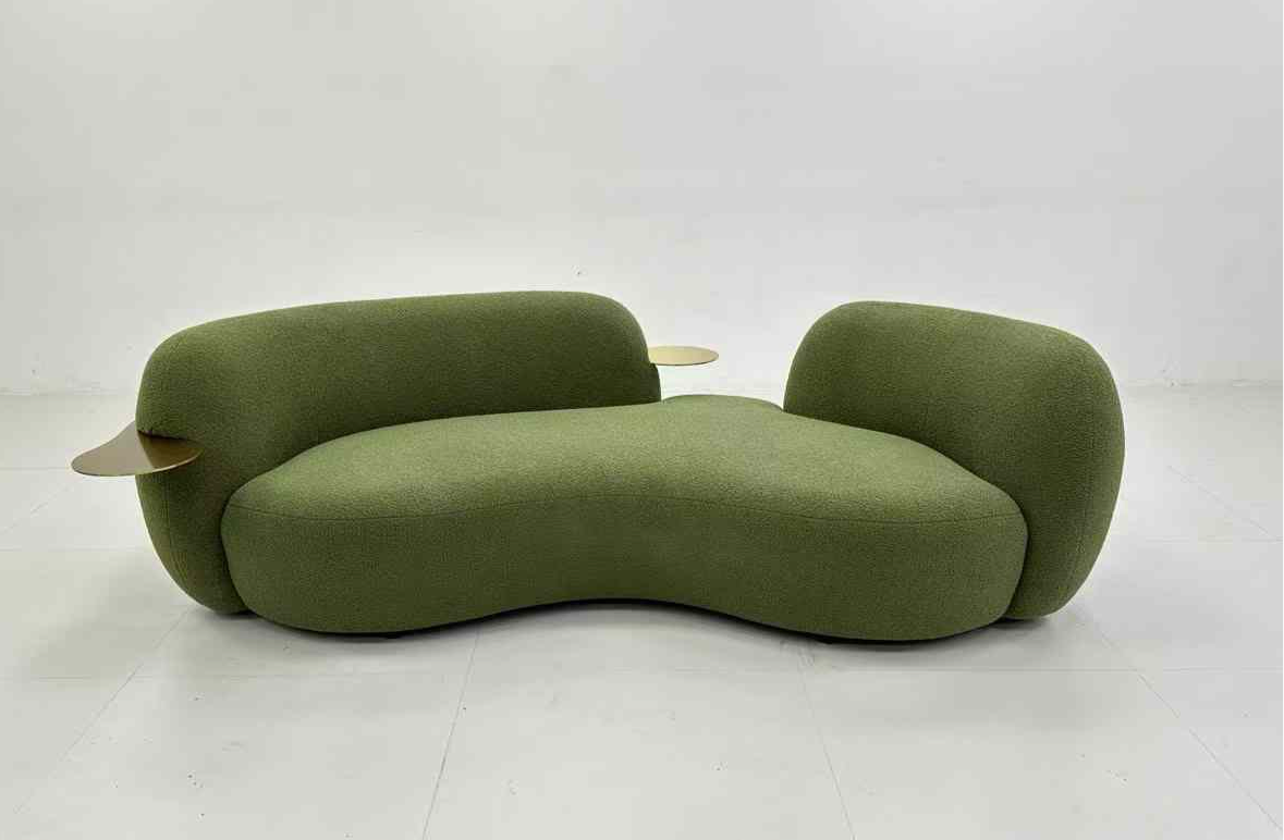 Green Boucle Curved 3 Seater Sofa With Integrated Side Tables in stock