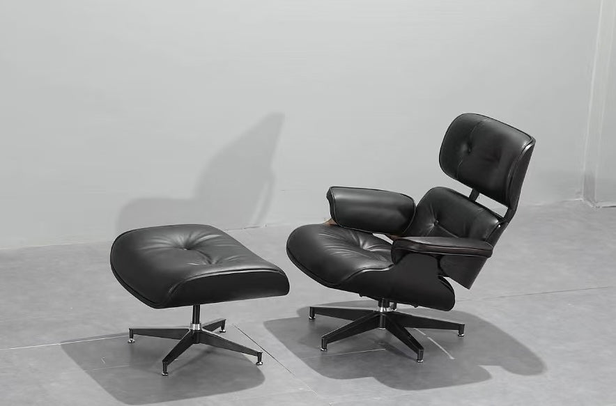Mid-Century Classic Lounge Chair + Stool Genuine Leather Matt Black (LT005-1) Black Plywood