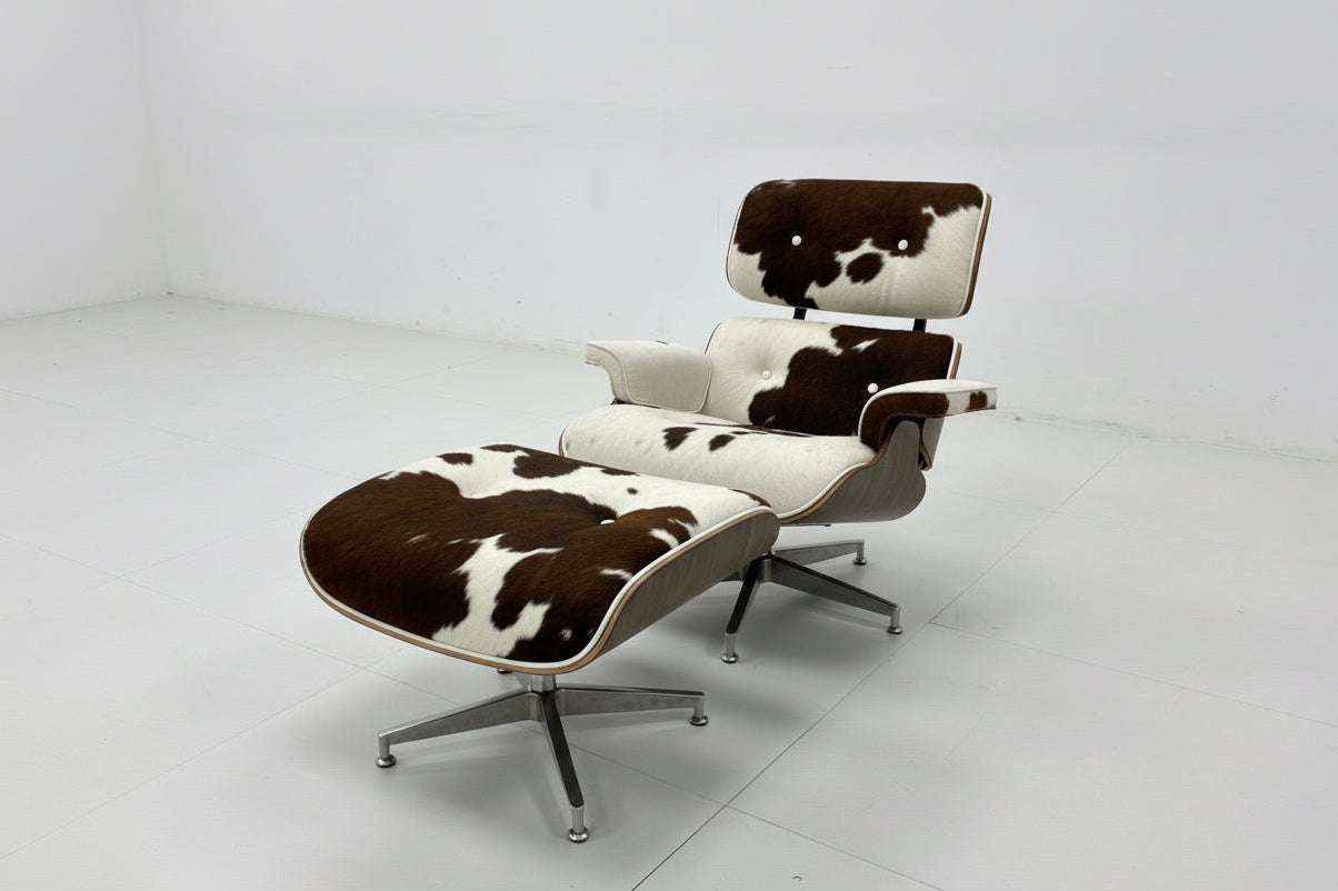 Mid-Century Lounge Chair & Stool – Brown Cowhide Leather, Plywood Made to Order
