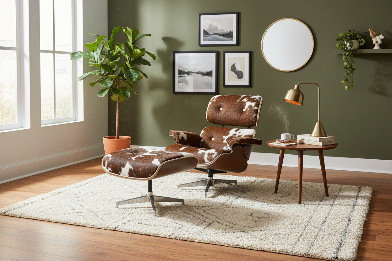 Mid-Century Lounge Chair & Stool – Brown Cowhide Leather, Plywood Made to Order