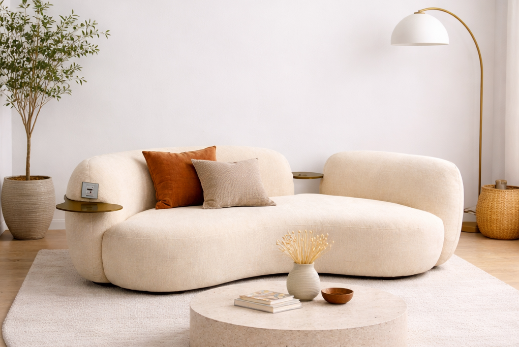 Curved White Boucle 3 Seater Sofa With Integrated Table Made To Order