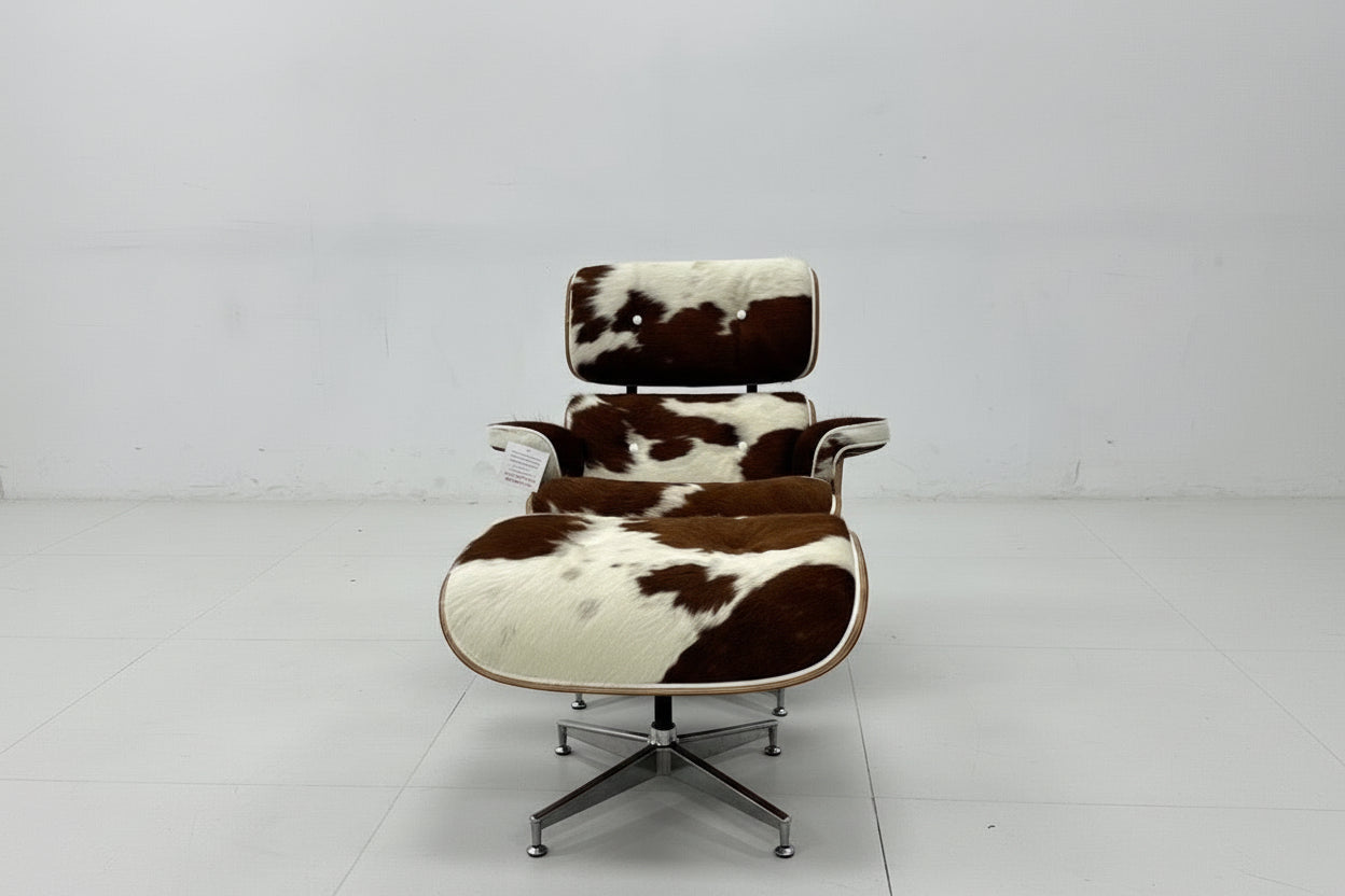 Mid-Century Lounge Chair & Stool – Brown Cowhide Leather, Plywood Made to Order