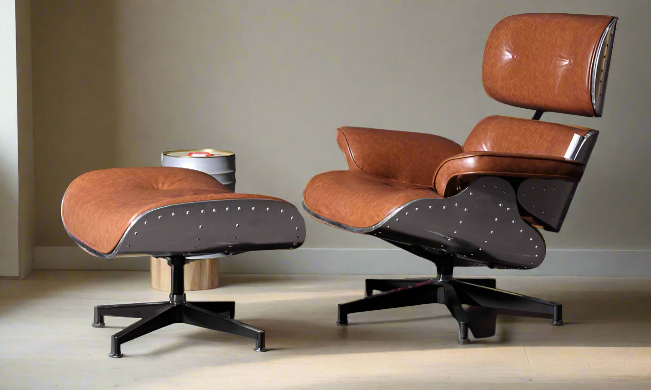 Aviator Collection W206 Mid-Century Classic Lounge Chair + Stool Genuine Leather Made To Order