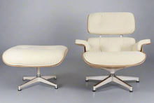 White Mid-Century Classic Lounge Chair + Stool Genuine Leather Natural Tone Plywood Removable Cushions