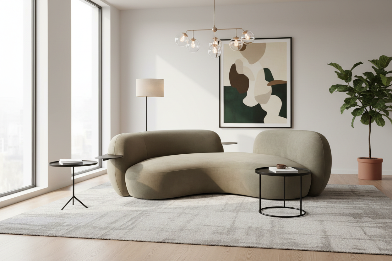 Beige Curved 3 Seater Sofa With Black Integrated Table Made To Order