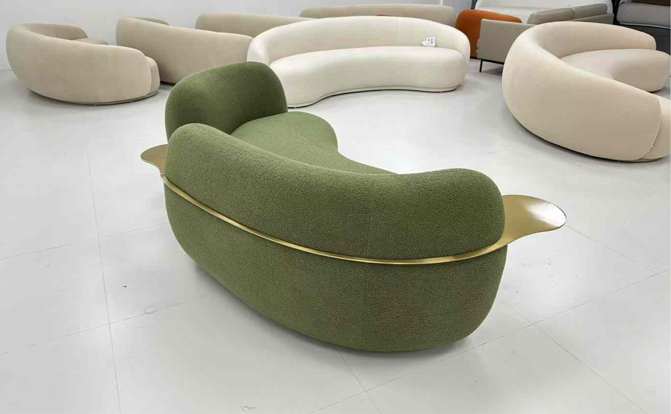 Green Boucle Curved 3 Seater Sofa With Integrated Side Tables in stock