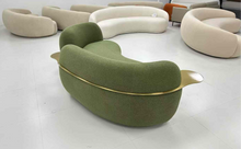 Green Boucle Curved 3 Seater Sofa With Integrated Side Tables in stock
