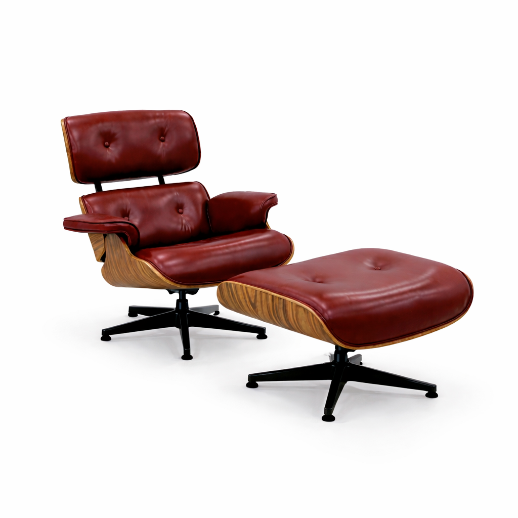 Mid-Century Eames-Style Lounge Chair & Ottoman – Burgundy Leather with Walnut Shell & Black Base