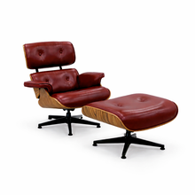 Mid-Century Eames-Style Lounge Chair & Ottoman – Burgundy Leather with Walnut Shell & Black Base