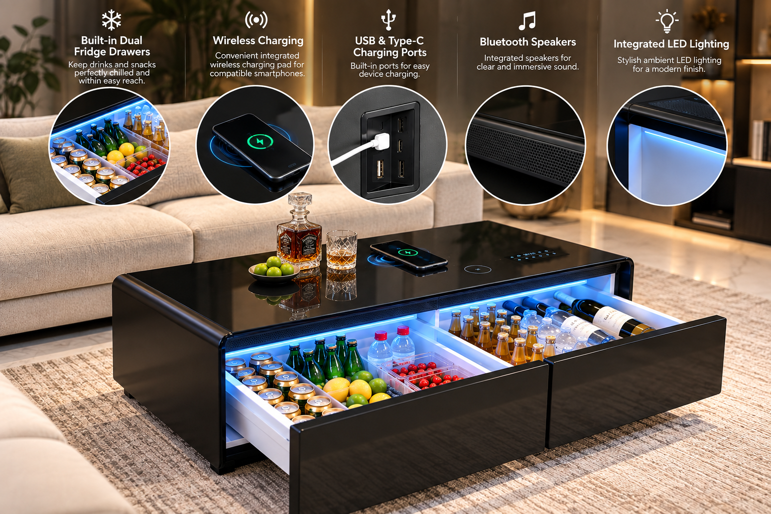 SMT 135Pro Smart Built-In Refrigerator Coffee Table 130L Dual Drawer LED Wireless Charge USB Bluetooth Speakers