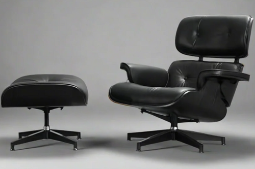 Mid-Century Classic Lounge Chair + Stool Genuine Leather Matt Black (LT005-1) Black Plywood