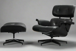 Mid-Century Classic Lounge Chair + Stool Genuine Leather Matt Black (LT005-1) Black Plywood