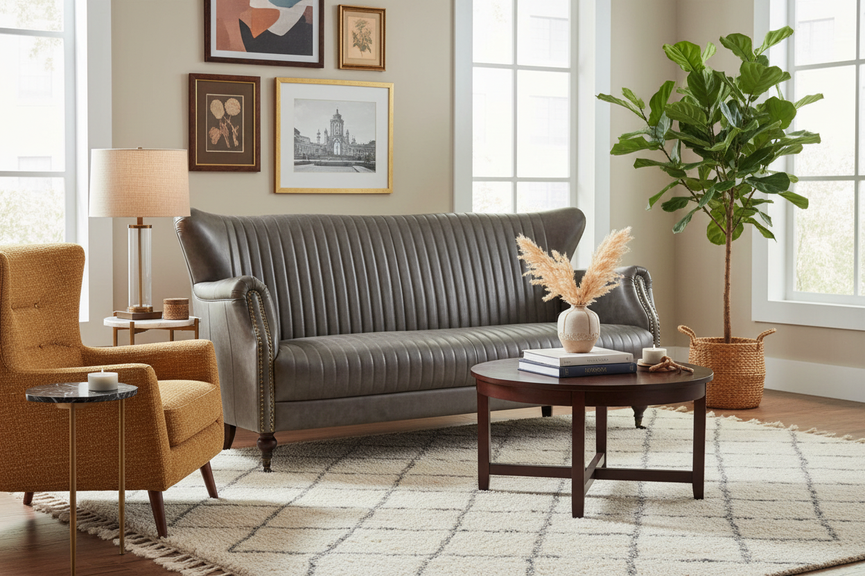 Wing Back 3 Seater Sofa Industrial Retro Grey PU Leather in stock