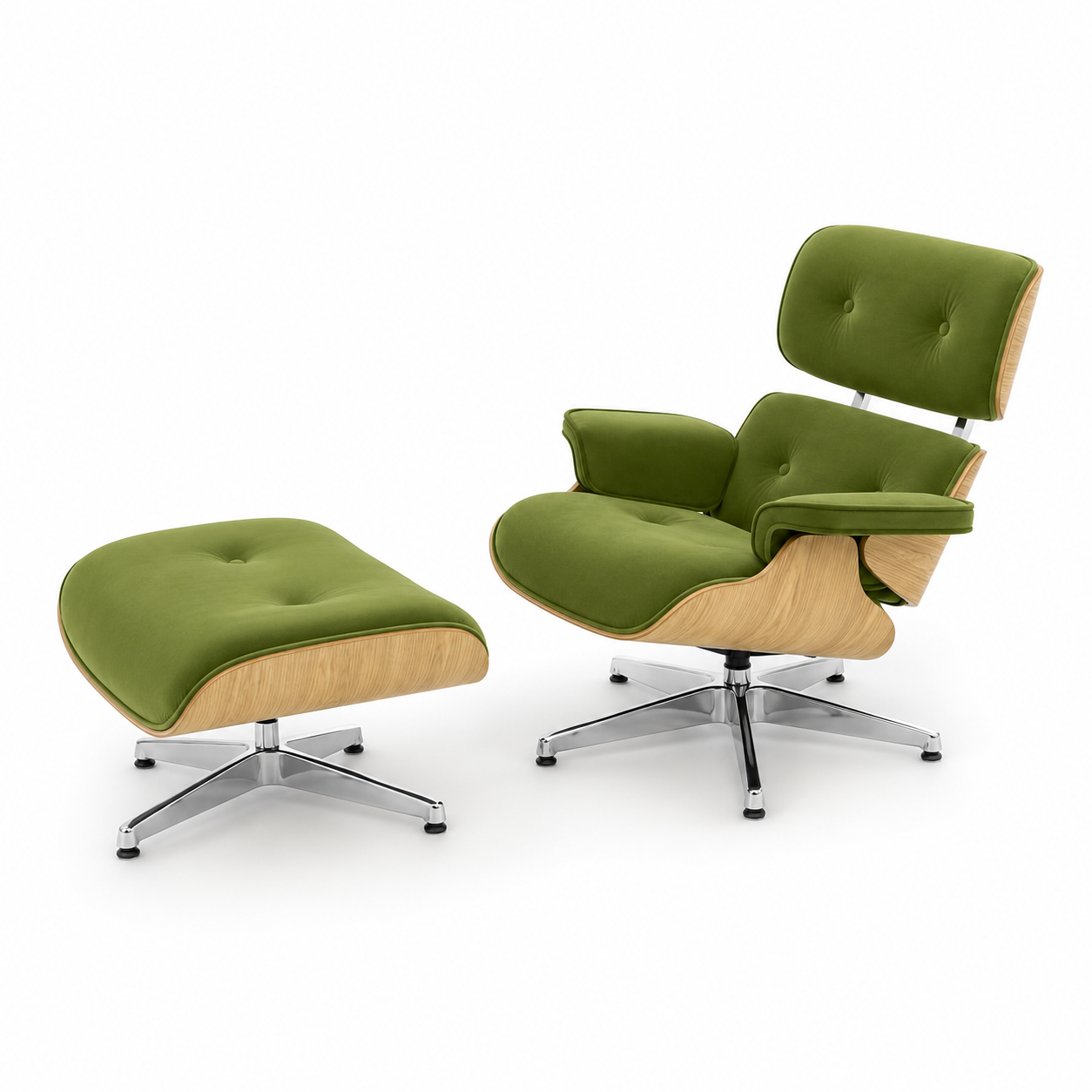 Mid-Century Eames-Style Lounge Chair & Ottoman – Olive Green Velvet Ash wood panels & Chrome metal base in stock