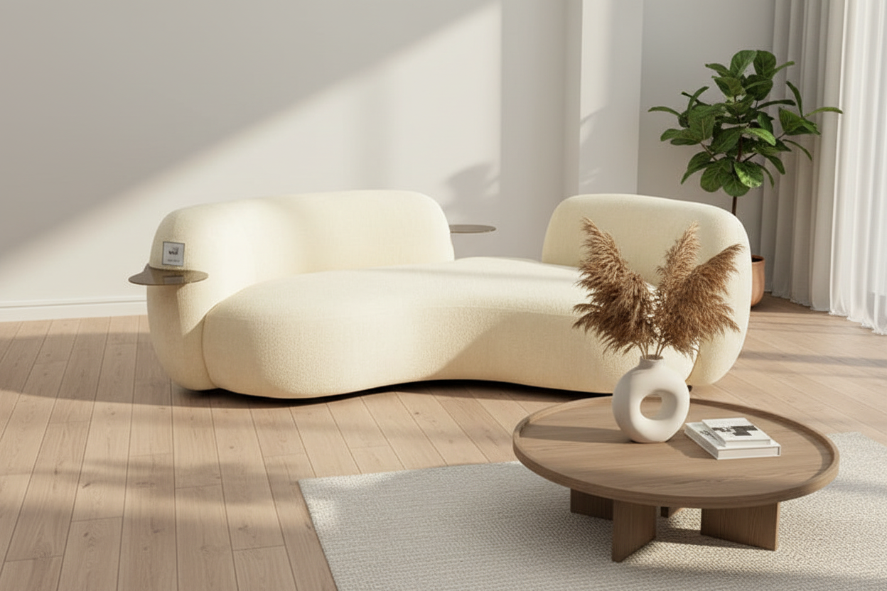 Curved Cream 3 Seater Sofa With Integrated Table In Stock