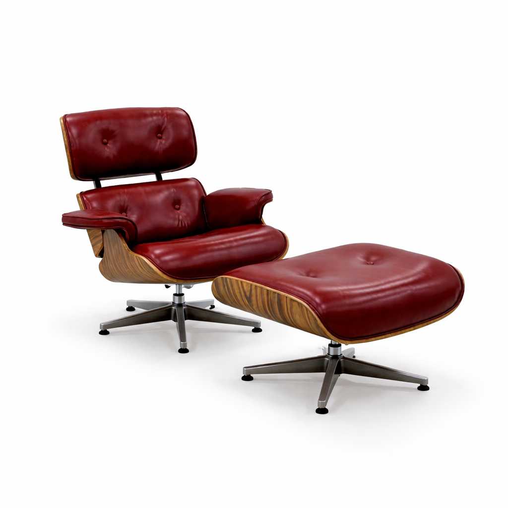 Mid-Century Eames-Style Lounge Chair & Ottoman – Burgundy Leather with Walnut Shell & Black Base