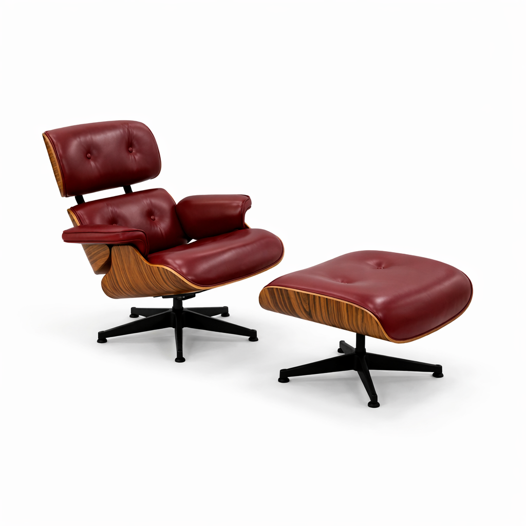 Mid-Century Eames-Style Lounge Chair & Ottoman – Burgundy Leather with Walnut Shell & Black Base