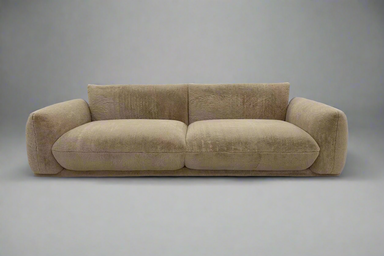 Beige 3 Seater Sofa Faux Fur Retro Design in stock