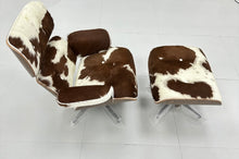 Mid-Century Lounge Chair & Stool – Brown Cowhide Leather, Plywood Made to Order