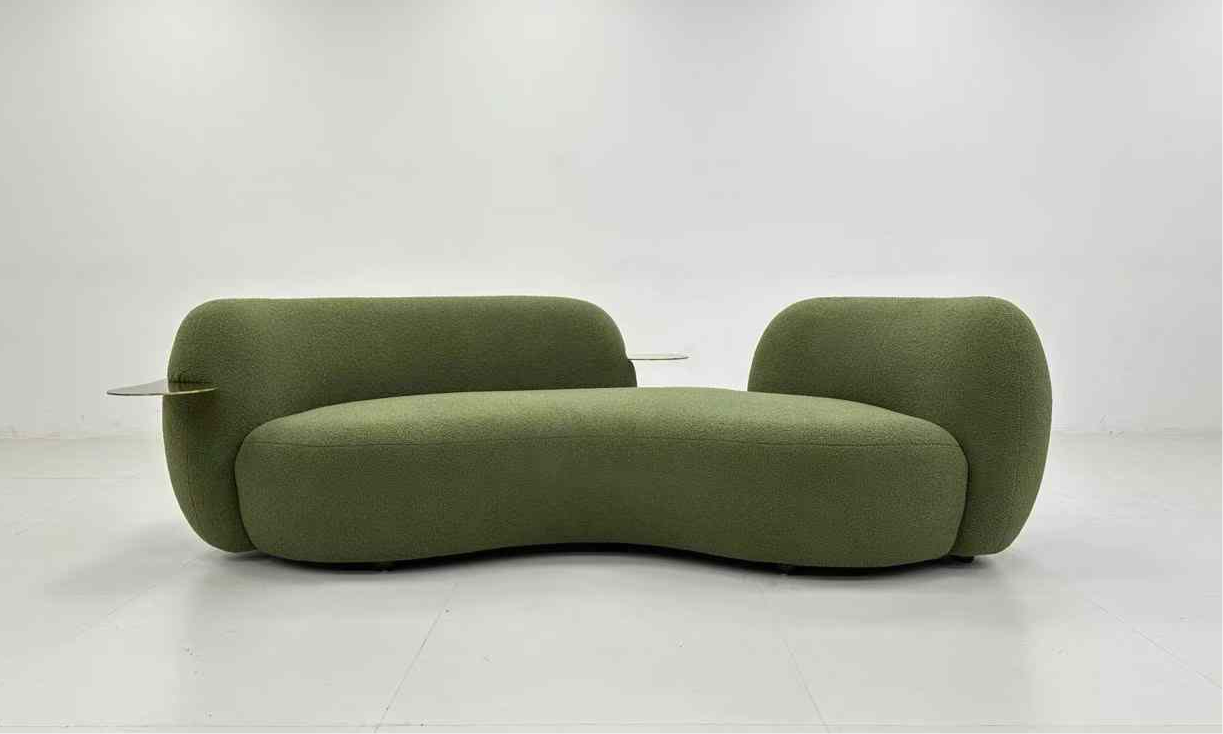 Green Boucle Curved 3 Seater Sofa With Integrated Side Tables in stock