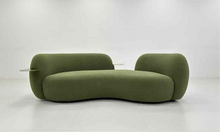 Green Boucle Curved 3 Seater Sofa With Integrated Side Tables in stock
